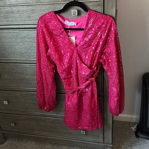 Tall wrap front mini dress with balloon sleeve in fuchsia metallic sparkle